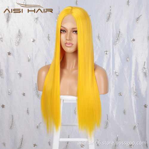 Aisi Hair Top Quality Long Silky Straight Yellow Wig Cosplay Swiss Lace Wig Cheap Synthetic Lace Frontal Wigs For Black Women